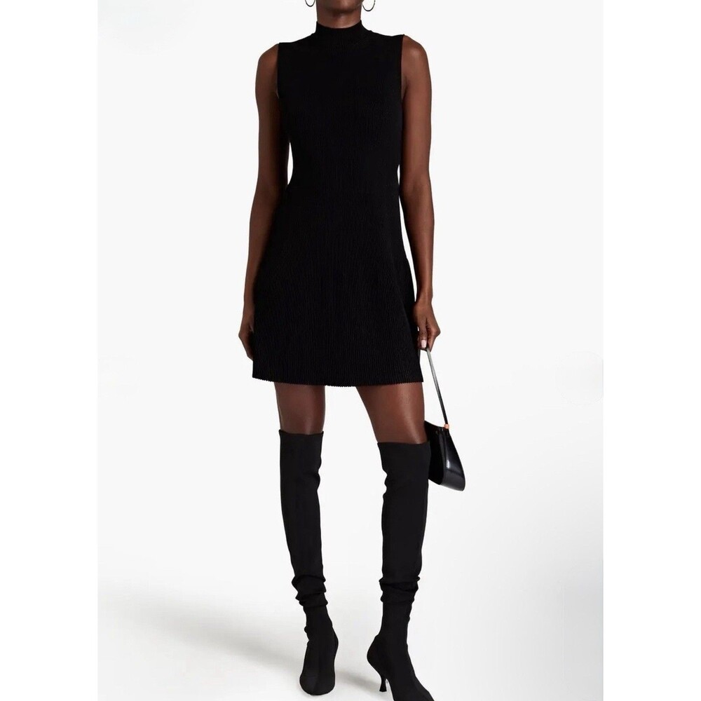 Theory Black Ribbed Knit Stretch Sleeveless Fit & Flare Dress Small Cutout Metal - Picture 9 of 16